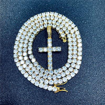 China Environmentally Friendly Luxury Hips Hops Bling Jewelry Iced Out 4mm Cubic Zircon CZ Tennis Chain Jesus Cross Pendant Necklace for sale