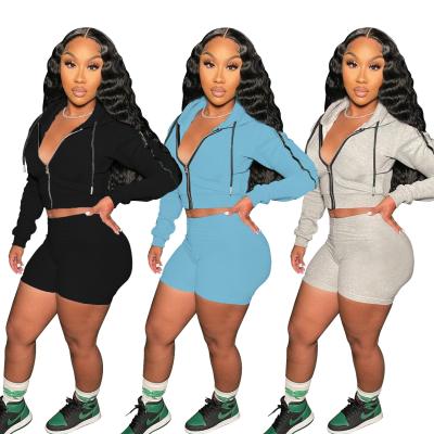 China 2021 New Arrival QUICK DRY Women Summer Fahion Set Hot Selling Matching Hooded Zipper Tops Casual 2 Piece Shorts Outfits Tracksuit for sale