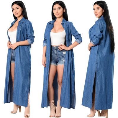 China Women Anti-Shrink Long Slapped Slim Sleeve Windbreaker Lapel Denim Coat Cardigan Jacket for sale