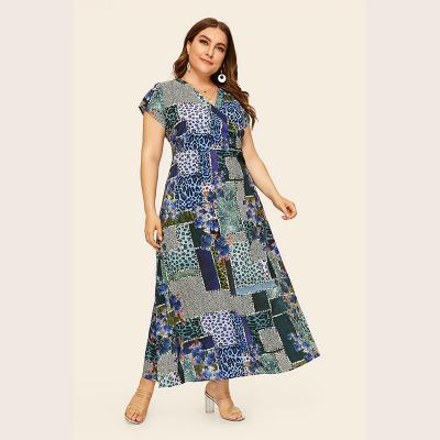 China Pure layer spring 2022 Europe and the United States plus size women's geometric pattern printed stitching big skirt slim dress for sale