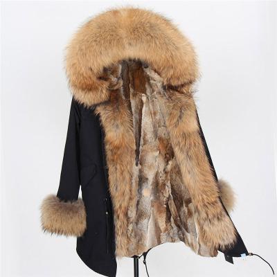 China Waterproof Drop Shipping Maomaokong Real Fur Jacket Big Raccoon Fur Natural Rabbit Fur Collar Coat Striped Long Parka Coat for sale