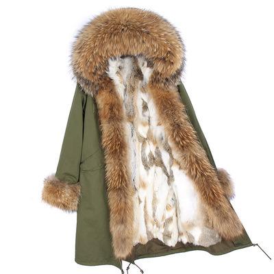 China Waterproof drop shipping Maomaokong A-long parka real raccoon fur down to front hood placket and cuffs coat real fur A-long jacket for sale