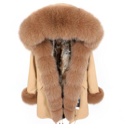 China Maomaokong real fur waterproof jacket oversized drop ship fox fur hood placket front cuffs coat natural rabbit fur lined long parka for sale