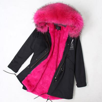 China Real Drop Ship Sale Real Ladies Winter Eco Faux Fur Lining Jacket Raccoon Fur Hood Coats Winter Women Waterproof Warm Fur Striped Parkas for sale