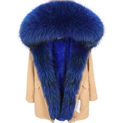 China MAOMAOKONG Waterproof Winter Women Drop Ship Fluffy Faux Fur Striping Big Real Raccoon Fur Detachable Hood Long Trench Coat for sale