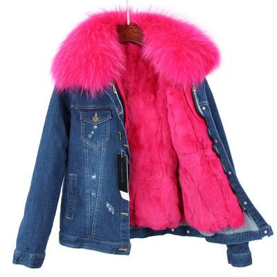 China Mid Short Faux Fur Jacket Winter Women Waterproof Denim Series Blue Fluffy Coat and Real Fur Collar Ladies Denim Parka for sale