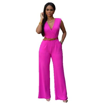 China Anti-Wrinkle Women Solid Color High Waist V-Neck Wide-Leg Pants Irregular Suit With Belt Coldker Ladies Overalls for sale