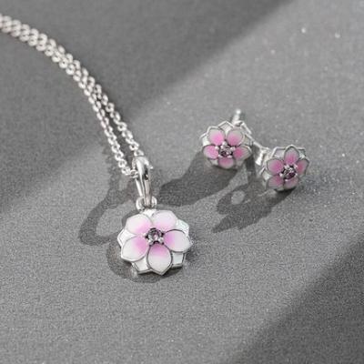 China FASHIONABLE High Quality Women's Pink Peach Zircon S925 Silver Pendant Necklace Earring Set for sale