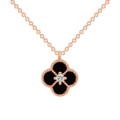 China Europe and America plated 18K Rose Gold Lucky diamond four-leaf clover agate shiny black necklace fashion clavicular chain for sale