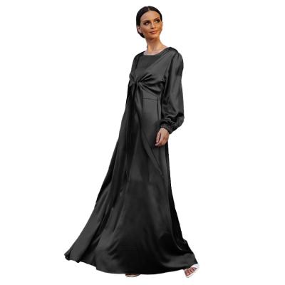 China Hot Selling Satin Women Solid Color Wrap Dress Dubai Summer Clothing Muslim Abaya Dress for sale