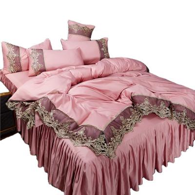 China Green Nondisposable Embroidery Nondisposable Silk Satin Sheet Princess Full Queen Size Duvet Cover Bedding Dress Bedspread Bedskirt Set for sale