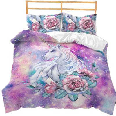 China Lovely Unicorn Nondisposable Customize 3D Printed Twin House Kids Cartoon Comforter 3 Pieces Bedding Cover Set Comforter for sale