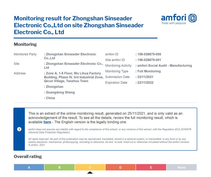 BSCI - Zhongshan Sinseader Electronic Co., Ltd.