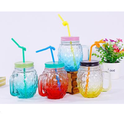 China Freshness Preservation Customized Mason Jars With Lid Handle Round Empty Glass Cup Bottle Wide Mouth Drinking Straw for sale