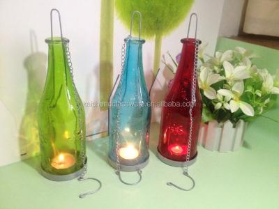 China Reused; that respects the environment; wholesale stocked votive glass wine bottle candle holder insert with metal holder for sale