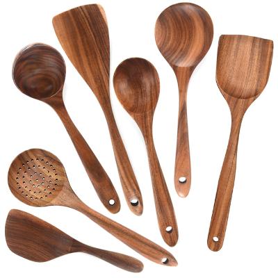 China Sustainable Kitchen Utensil Set , Wooden Spoons Cookware Set Non Scratch Natural Teak Wood Utensils For Cooking for sale