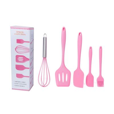 China Sustainable Reusable Adaptive Silicon Cooking Skimmer Silicone Tools 5Pcs Pink Camping Kitchen Utensil Set for sale