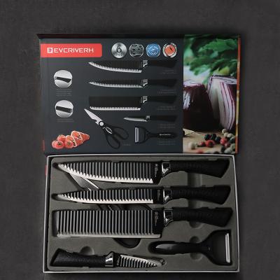 China Amazon Stocked 6 Pieces Amazon Blade Stainless Steel Wavy Non-stick Coating Cheap Knife Set For Gift Kitchen Knives for sale