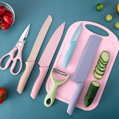 China Non Stocked 7pcs/set Stick Blade Knives Cutting Board Cutter Kits Wheat Straw Kitchen Knife Multifunctional Eco Friendly Set for sale