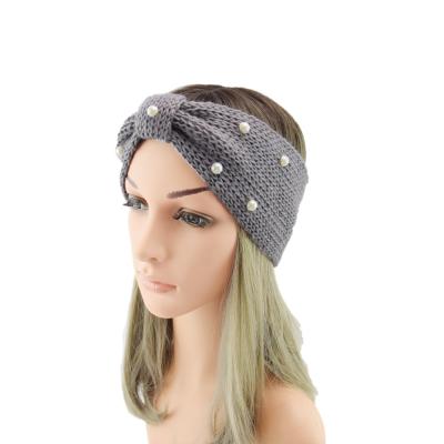 China Fashion Autumn Winter Women's Headband Warm Knitted Pearl Bow Headband for sale