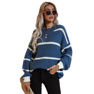 China New Breathable Custom Round Neck Striped Ladies Sweater Striped Casual Women Long Sleeve Knitted Loose Pullover Sweater for sale