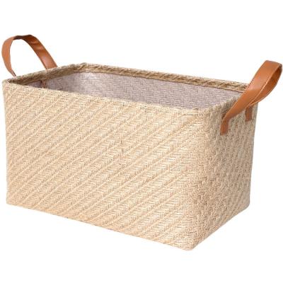 China Sample Woven Jute Storage Basket Eco-friendly Interior Waterproof With Fabric Leather Folding Organizer Handle Storage Basket for sale