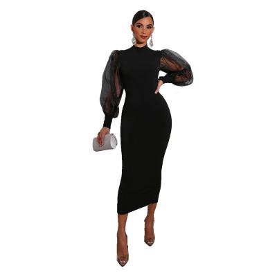 China Breathable European American High Waist Mesh Style Long Autumn Women's Black Dresses for sale