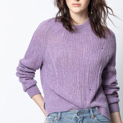 China New women's pure color cavity crochet breathable cashmere purple winter autumn split sweater for sale