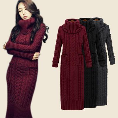 China 2021 Fine Workmanship Anti-wrinkle Fashion High Round Neck Elegant Sweater Dress With Pocket For Ladies for sale