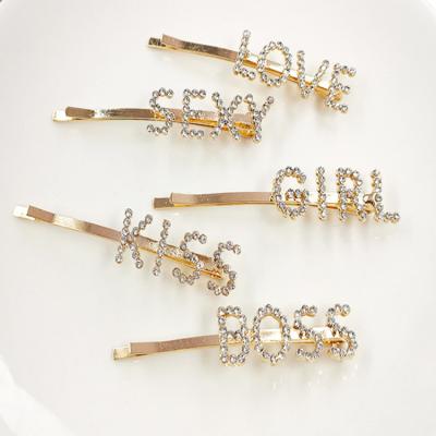 China Wholesale Hair Decoration Shape Rhinestone Hairpins Crystal Words Hair Pins Glitter Alphabet Bling Letter Glitter Hair Clips For Women for sale