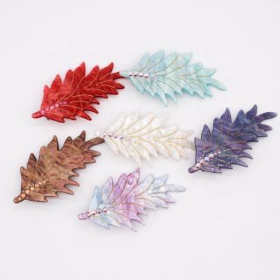 China Hair Accessories Love Girls Hair Clip Leaf Shape Rhinestone Acetate Bling Acrylic Clips For Hair for sale