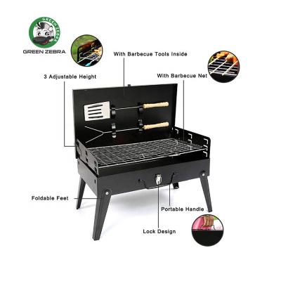 China Small Black Outdoor BBQ Easily Assembled Strong Enough Folding Grill Charcoal Camping Box with BBQ Tool Kit Portable BBQ Grills for sale