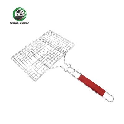 China Portable Easily Cleaned Stainless Steel Accessory Tools Wire Net BBQ Fish Basket With Long Handle Wooden BBQ Grill Basket for sale