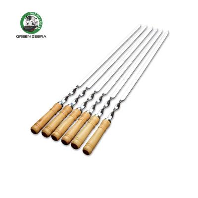 China Easily Cleaned Outdoor Camping Tools BBQ Reusable Metal Stainless Steel Non-Stick Grilling Skewer Set With Wooden Handle Skewers for sale