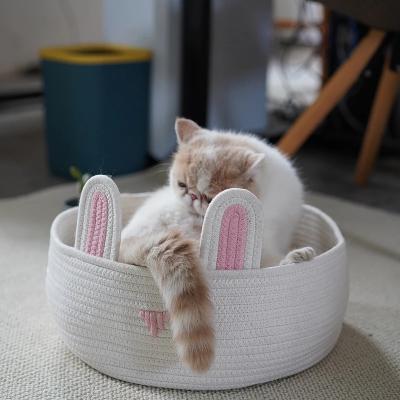 China Round Woven Cat Nest Cat Round Pet Cooling Bed Sofa Woven Pet Bed Round Woven Cat Bed Summer Cotton Rope for sale