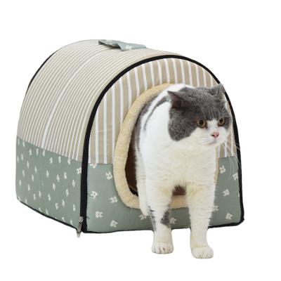 China Windproof Cat House Striped Waves Point Cloth Material Folding Portable Cat Sleeping Pet Bed House for sale