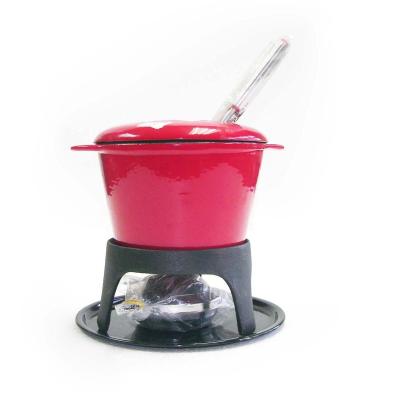 China Sustainable Red Enamel Cast Iron Fondue Pot Set Alcohol Heater for sale