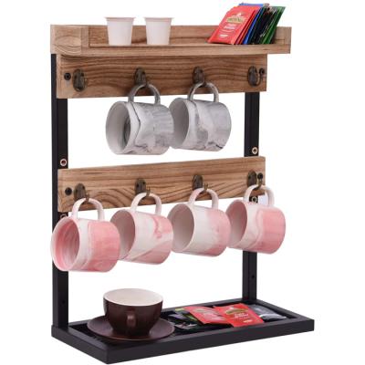 China Foldable 8-Hook Coffee Cup Holder Decorative Burnt Wood Wall Mounted Holder for sale