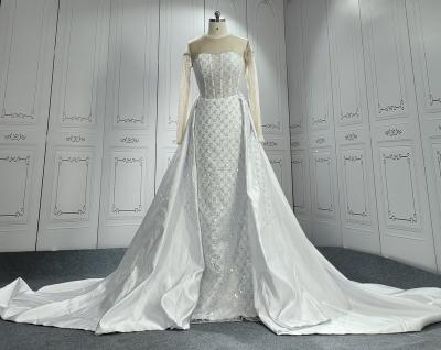 China Dry Cleaning 2022 Long Sleeve Lace Wedding Dress A Line Bridal Gown Robe De Mariage With Detachable Over Skirt for sale