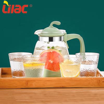 China Viable Lilac German Quality 2L+0.29L*4+1 Tray Decanter Cap Pitcher Commercial Glass Water Jug With Wooden Tray/Lid Plastic for sale