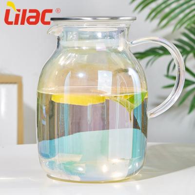 China Quality 2000ml glitter color luminat glass water jug ​​2ltr luxury blown up fancy iridescent german lilac viable mouth with artificial ice for sale