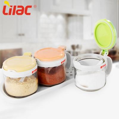 China Sustainable Quality 400ml*3 Lilac German Kitchen Storage Bottle Container Di/Spice/Seasoning Condiment Box Glass Jars With Spoon for sale