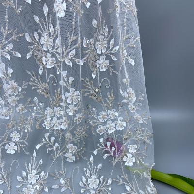 China Sustainable WS3018 3D Flower Lace Beaded Floral Embroidery Bridal Lace Fabric for sale