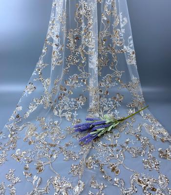 China Wholesale WS3035 Gold Embroidery Sequin Fabric Lace Viable High Quality for sale