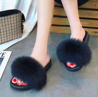 China Real Green Color Anti-Slip Neon Fox Slides Sandal Slades Indoor Outdoor Flat Shoes Soft Slipper Fur Slippers for sale