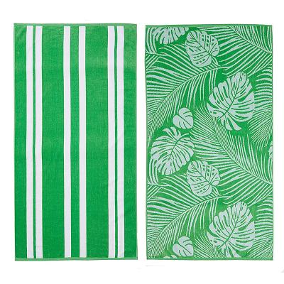 China Sustainable 2 Pack Plush Maui Green Palm & Stripes Print Beach Towels. 100% cotton nautical beach towels, large pool towels for sale