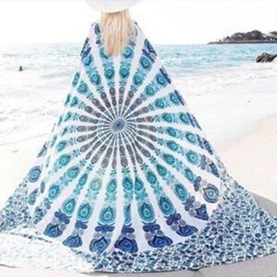 China Can Compress Multi Purpose Use Custom Printed Sand Extra Large 100%Polyester Microfiber Round Free Towel With Fashionable White Tassels For for sale