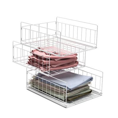 China 3 Layers Durable Iron Basket Sideboard Storage Under Shelf Storage Organization Bedroom Wardrobe Closet Storage Basket for sale