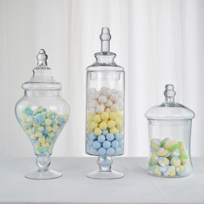 China Traditional Popular Medium Size 3pcs Classic Footed Glass Sugar Candy Jar With Lid For Wedding for sale