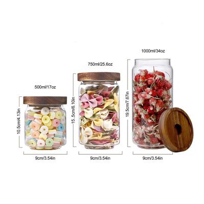 China Sustainable 500ml 750ml 1000ml 3 Piece Set Acacia Wood Seal Lid With Storage Jar Storage Glass Bottles Jars Airtight Storage for sale